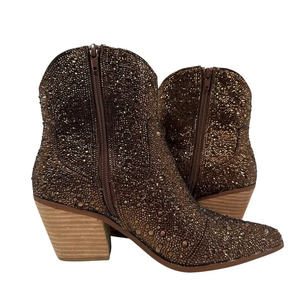Betsey Johnson Western Boots Diva Womens 8 Shiny Brown Rhinestones Pointed Toe